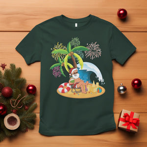 Christmas In July T Shirt Palm Tree Firework Santa At Beach Drinking Coconut TS09 Dark Forest Green Printyourwear