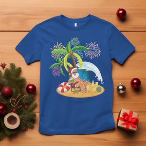 Christmas In July T Shirt Palm Tree Firework Santa At Beach Drinking Coconut TS09 Royal Blue Printyourwear