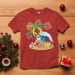 Christmas In July T Shirt Palm Tree Firework Santa At Beach Drinking Coconut TS09 Red Printyourwear