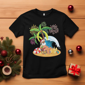 Christmas In July T Shirt Palm Tree Firework Santa At Beach Drinking Coconut TS09 Black Printyourwear