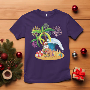 Christmas In July T Shirt Palm Tree Firework Santa At Beach Drinking Coconut TS09 Purple Printyourwear