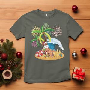 Christmas In July T Shirt Palm Tree Firework Santa At Beach Drinking Coconut TS09 Military Green Printyourwear