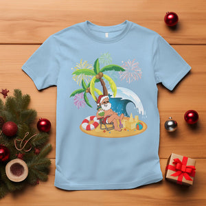 Christmas In July T Shirt Palm Tree Firework Santa At Beach Drinking Coconut TS09 Light Blue Printyourwear