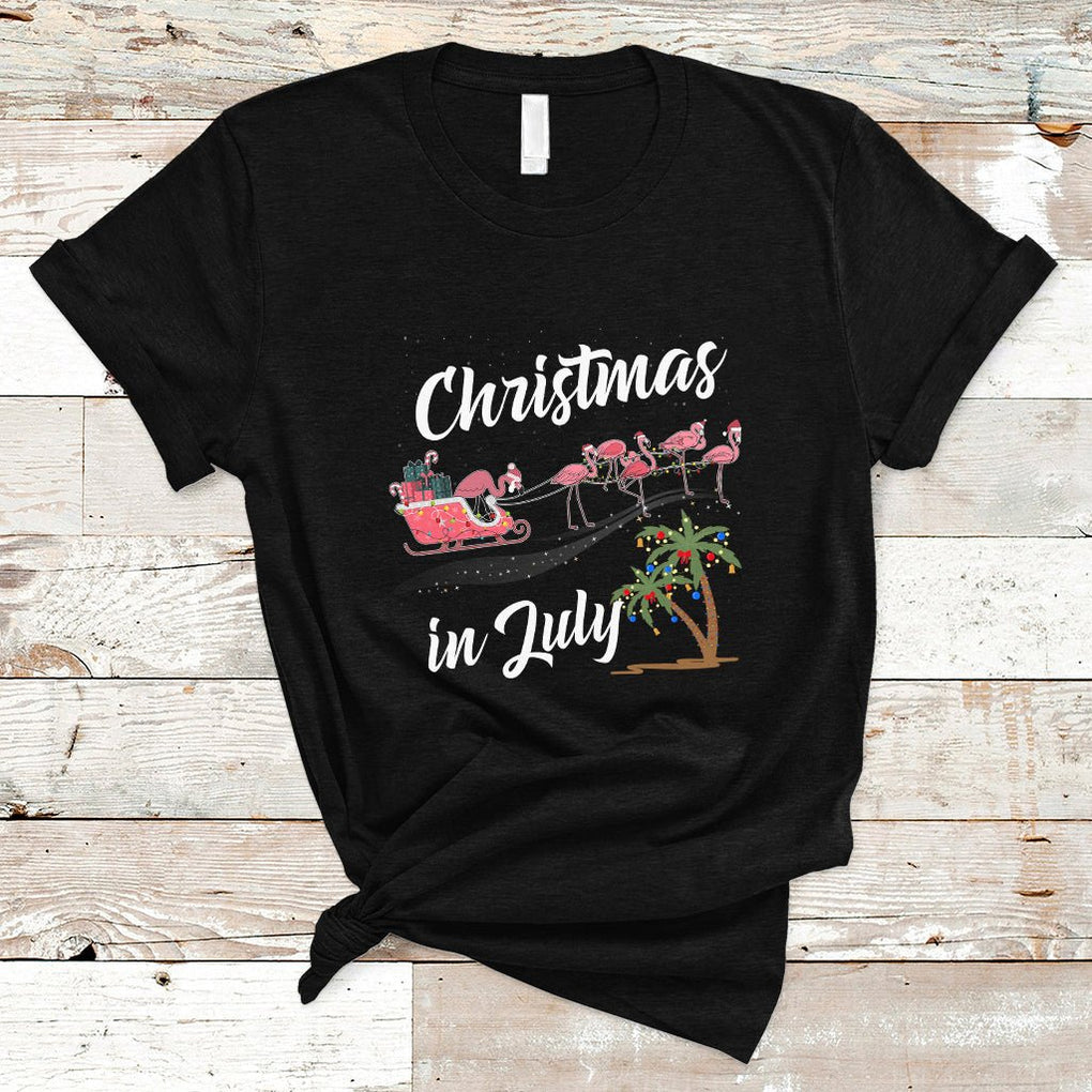 Christmas in July Pink Flamingo Funny Xmas Matching T Shirt TS02 Black Printyourwear