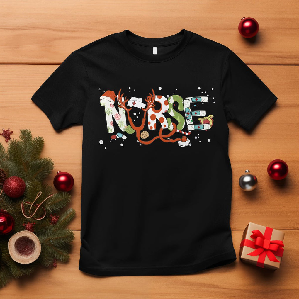 Christmas Nurse Xmas Stethoscope Reindeer Hat T Shirt TS09 Black Printyourwear