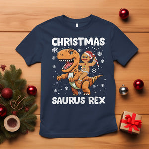 Christmas Saurus Gingerbread Dinosaur Riding Funny Cookie T Shirt TS09 Navy Printyourwear