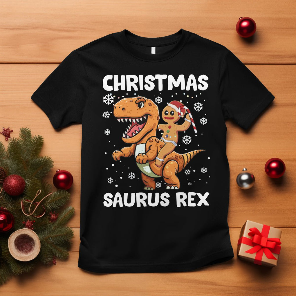 Christmas Saurus Gingerbread Dinosaur Riding Funny Cookie T Shirt TS09 Black Printyourwear