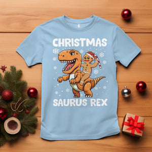 Christmas Saurus Gingerbread Dinosaur Riding Funny Cookie T Shirt TS09 Light Blue Printyourwear