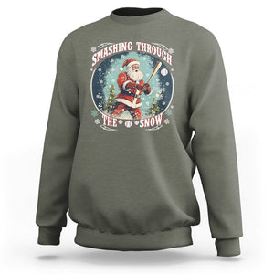 Christmas Sport Sweatshirt Baseball Player Santa Smashing Through The Snow TS09 Military Green Printyourwear