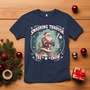 Christmas Sport T Shirt Baseball Player Santa Smashing Through The Snow TS09 Navy Printyourwear