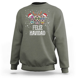 Christmas Sweatshirt Feliz Navidad Mexican Sugar Skulls Reindeer Santa TS09 Military Green Printyourwear