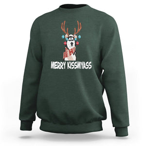 Christmas Sweatshirt Merry Kissmyasss Husky Reindeer Dog Lover TS09 Dark Forest Green Printyourwear