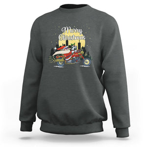 Christmas Sweatshirt Santa Riding Motorcycle Biker City At Night Holiday TS09 Dark Heather Printyourwear