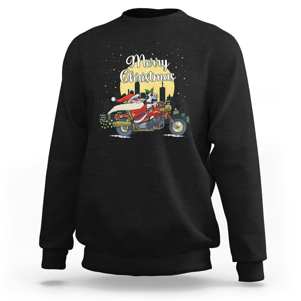 Christmas Sweatshirt Santa Riding Motorcycle Biker City At Night Holiday TS09 Black Printyourwear