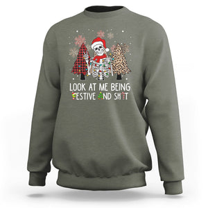 Christmas Sweatshirt Skeleton Look At Me Being Festival And Shit Leopard Xmas Tree TS09 Military Green Printyourwear