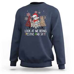 Christmas Sweatshirt Skeleton Look At Me Being Festival And Shit Leopard Xmas Tree TS09 Navy Printyourwear