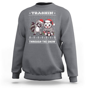 Christmas Sweatshirt Trashin Through The Snow Garbage Gang Opossum Raccoon Santa Hat TS09 Charcoal Printyourwear