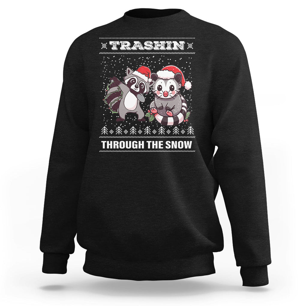 Christmas Sweatshirt Trashin Through The Snow Garbage Gang Opossum Raccoon Santa Hat TS09 Black Printyourwear