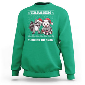 Christmas Sweatshirt Trashin Through The Snow Garbage Gang Opossum Raccoon Santa Hat TS09 Irish Green Printyourwear