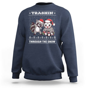 Christmas Sweatshirt Trashin Through The Snow Garbage Gang Opossum Raccoon Santa Hat TS09 Navy Printyourwear