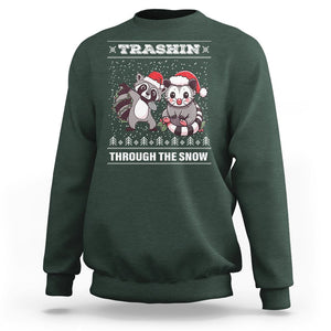 Christmas Sweatshirt Trashin Through The Snow Garbage Gang Opossum Raccoon Santa Hat TS09 Dark Forest Green Printyourwear