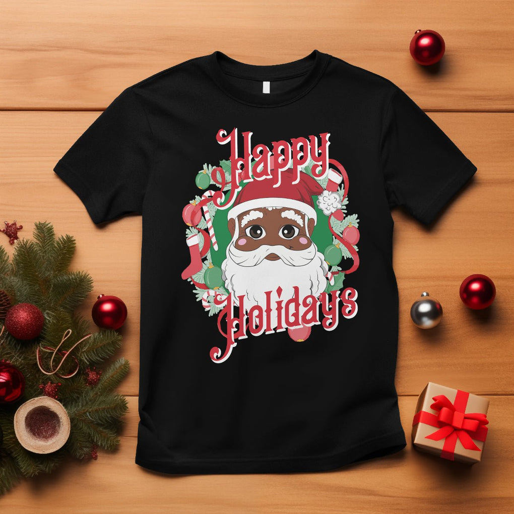 Christmas T Shirt Black Happy Holidays African American Santa TS09 Black Printyourwear