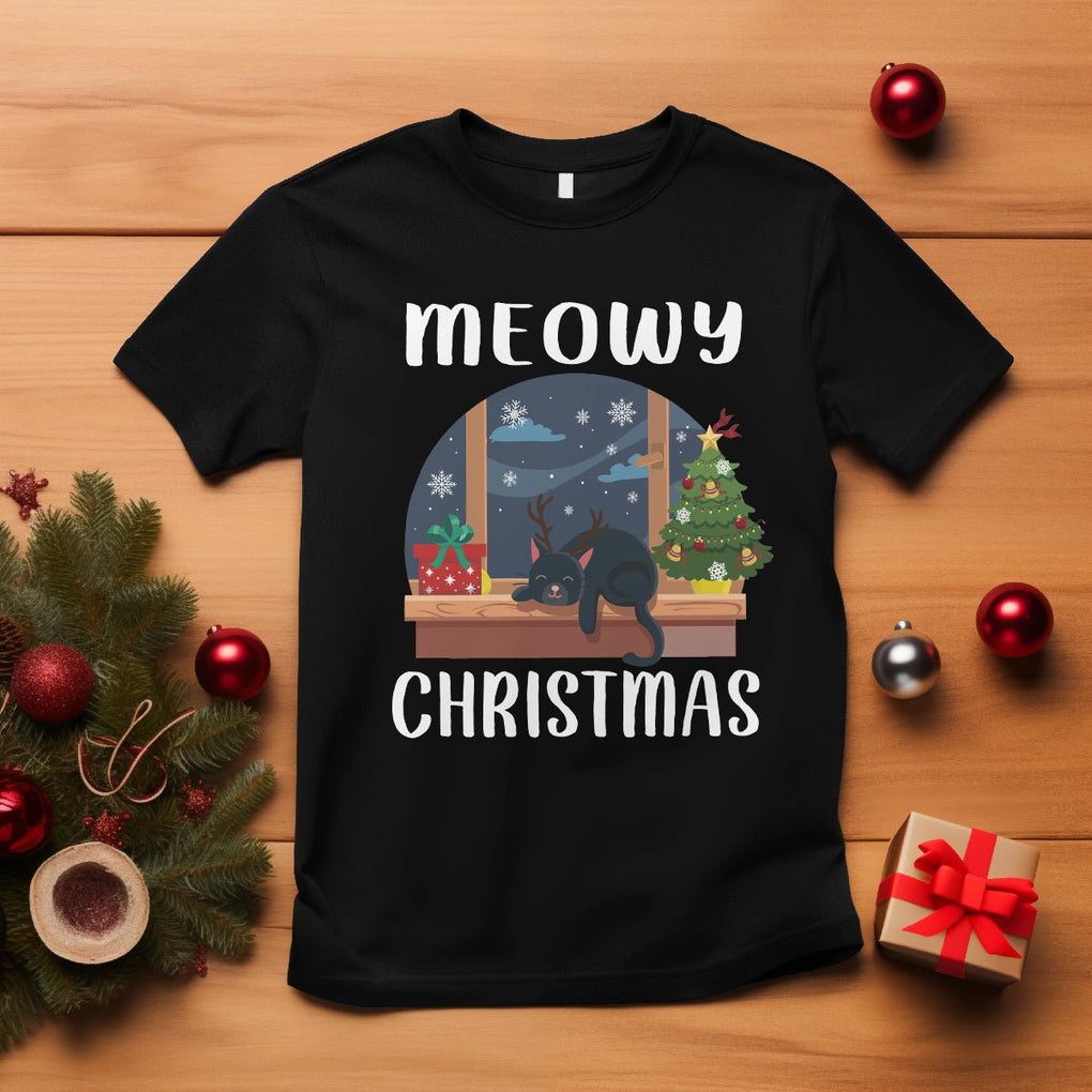 Christmas T Shirt Cat Reindeer Chillin' Xmas Eve Window Meowy TS09 Black Printyourwear