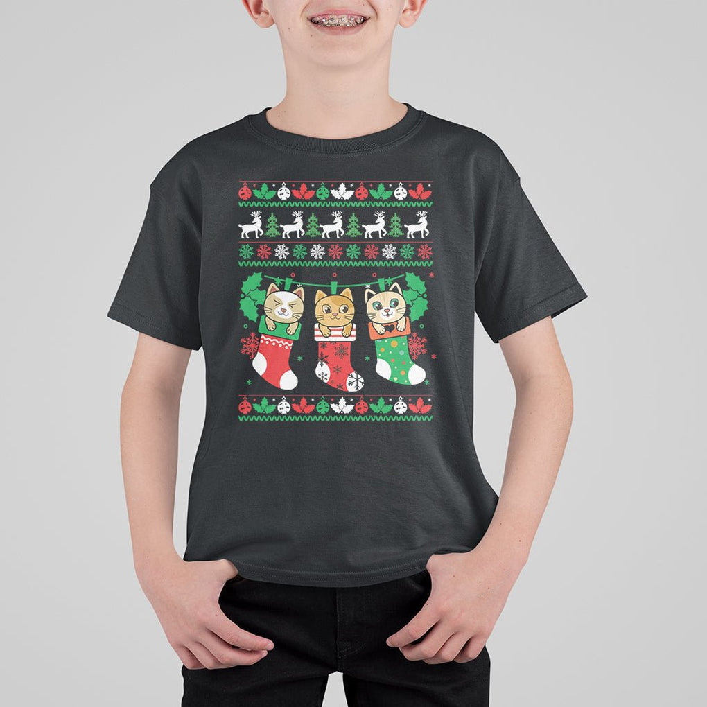 Christmas T Shirt For Kid Cute Cat In Sock Merry Catmas TS09 Military Green Printyourwear