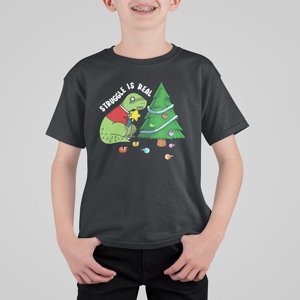 Christmas T Shirt For Kid Struggle Is Real T-Rex Christmas Tree Star TS09 Dark Heather Printyourwear