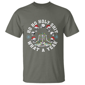 Christmas T Shirt Ho Ho Holy Shit What A Year Funny Skeleton Skull Xmas Hat TS09 Military Green Printyourwear