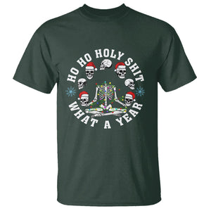 Christmas T Shirt Ho Ho Holy Shit What A Year Funny Skeleton Skull Xmas Hat TS09 Dark Forest Green Printyourwear