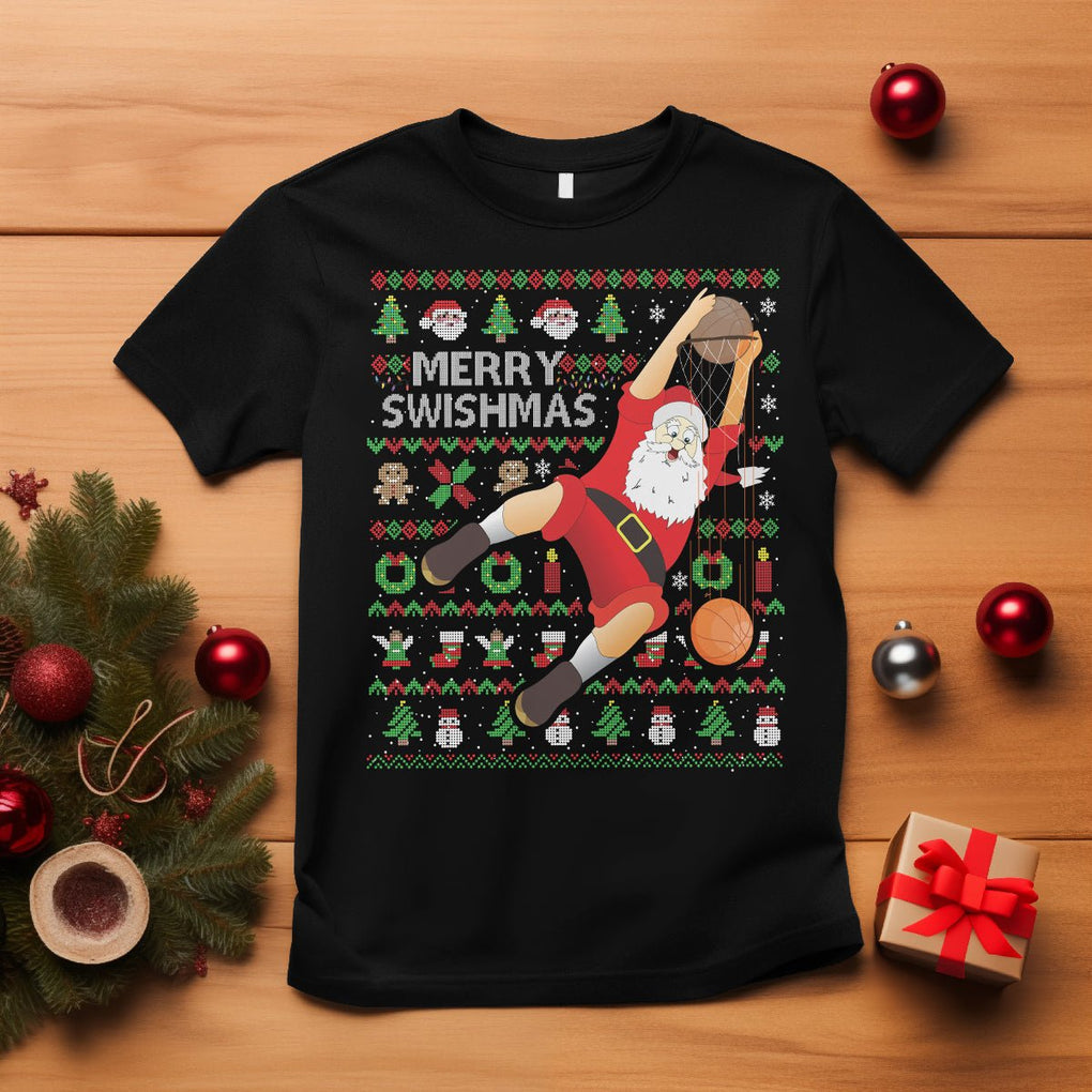 Christmas T Shirt Merry Swishmas Santa Baseketball Player TS09 Black Printyourwear