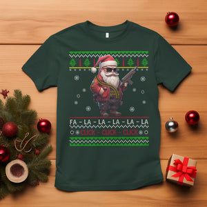 Christmas T Shirt Santa Claus Gun Click Click Sing Fa La La La TS09 Dark Forest Green Printyourwear