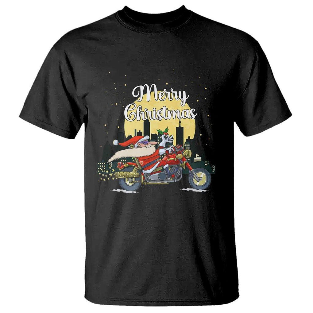 Christmas T Shirt Santa Riding Motorcycle Biker City At Night Holiday TS09 Black Printyourwear