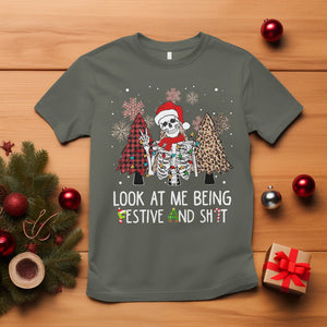 Christmas T Shirt Skeleton Look At Me Being Festival And Shit Leopard Xmas Tree TS09 Military Green Printyourwear