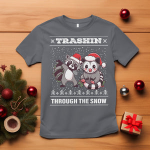 Christmas T Shirt Trashin Through The Snow Garbage Gang Opossum Raccoon Santa Hat TS09 Charcoal Printyourwear