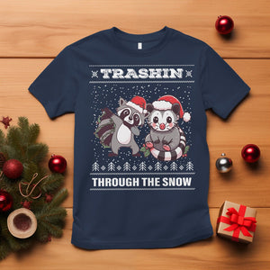 Christmas T Shirt Trashin Through The Snow Garbage Gang Opossum Raccoon Santa Hat TS09 Navy Printyourwear