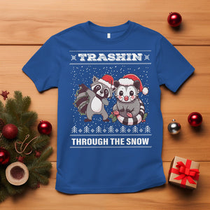 Christmas T Shirt Trashin Through The Snow Garbage Gang Opossum Raccoon Santa Hat TS09 Royal Blue Printyourwear