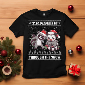 Christmas T Shirt Trashin Through The Snow Garbage Gang Opossum Raccoon Santa Hat TS09 Black Printyourwear