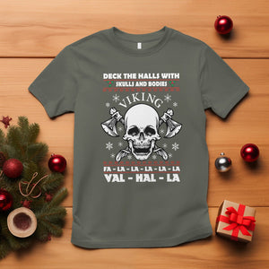 Christmas T Shirt Viking Valhalla Deck The Halls With Skulls And Bodies TS09 Military Green Printyourwear