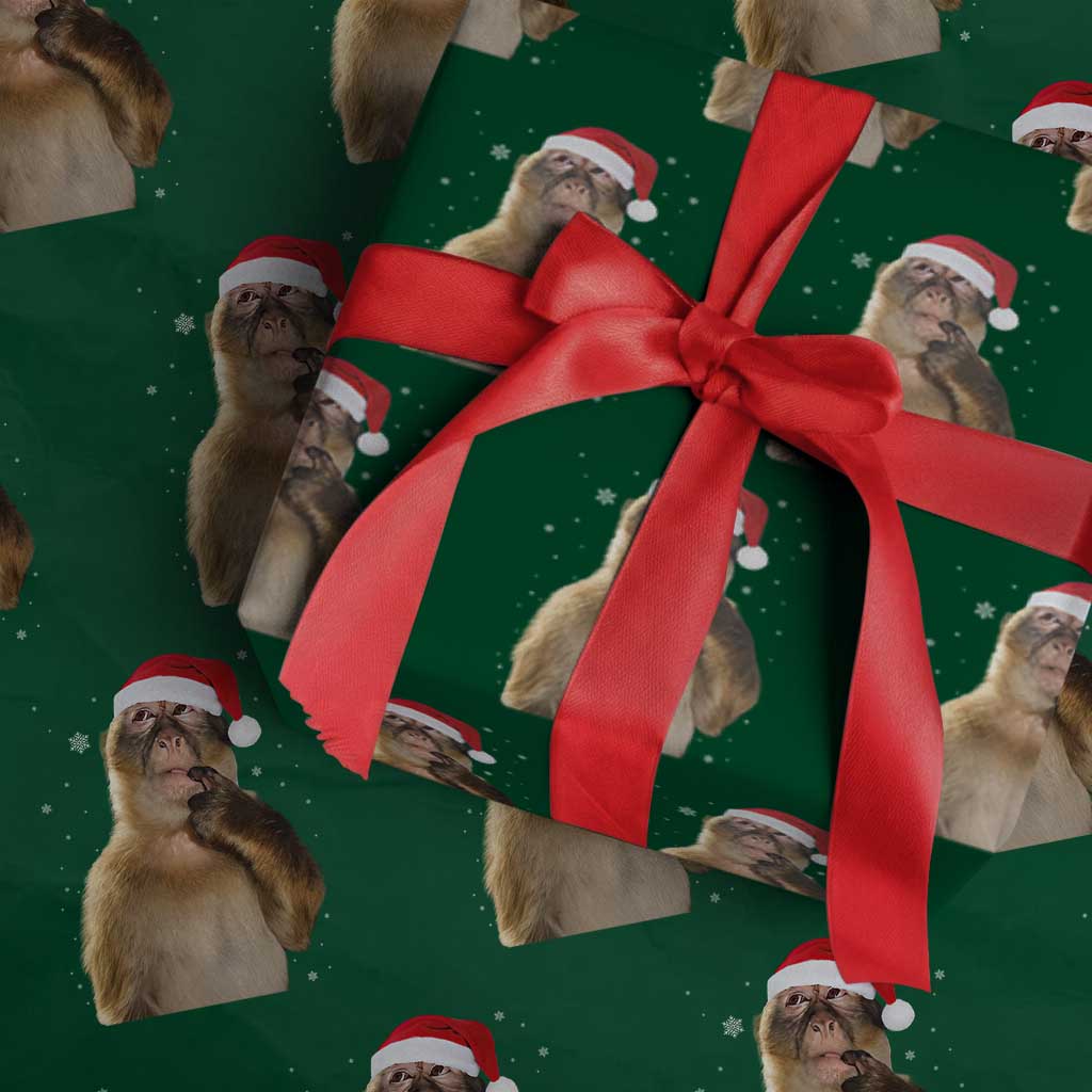 Christmas Thinking Monkey Meme Humor Brainrot Wrapping Paper Roll TS11 Green Print Your Wear