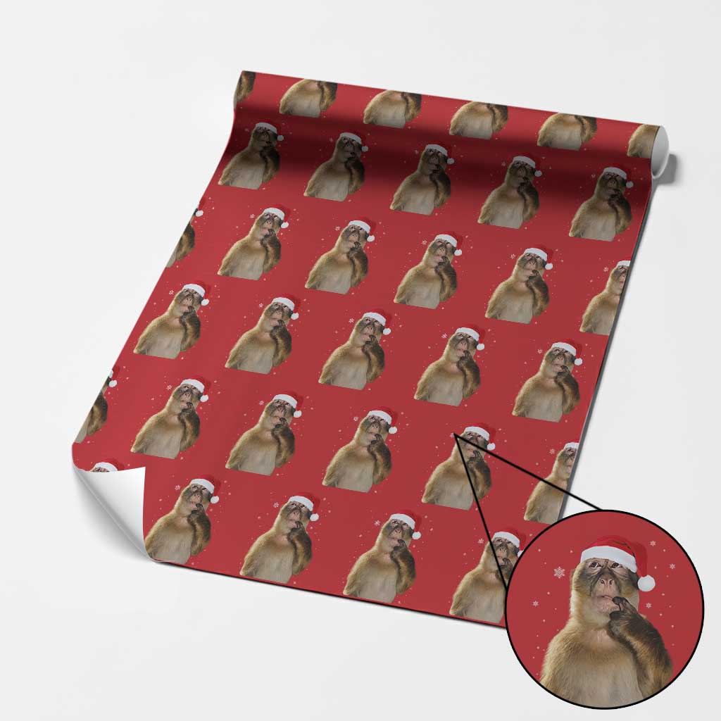 Christmas Thinking Monkey Meme Humor Brainrot Wrapping Paper Roll TS11 Red Print Your Wear
