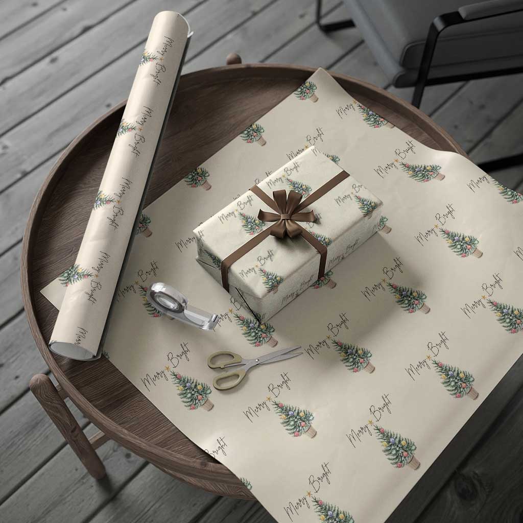 Christmas Wrapping Paper Roll Merry And Bright Retro Xmas Tree TS11 Beige Print Your Wear