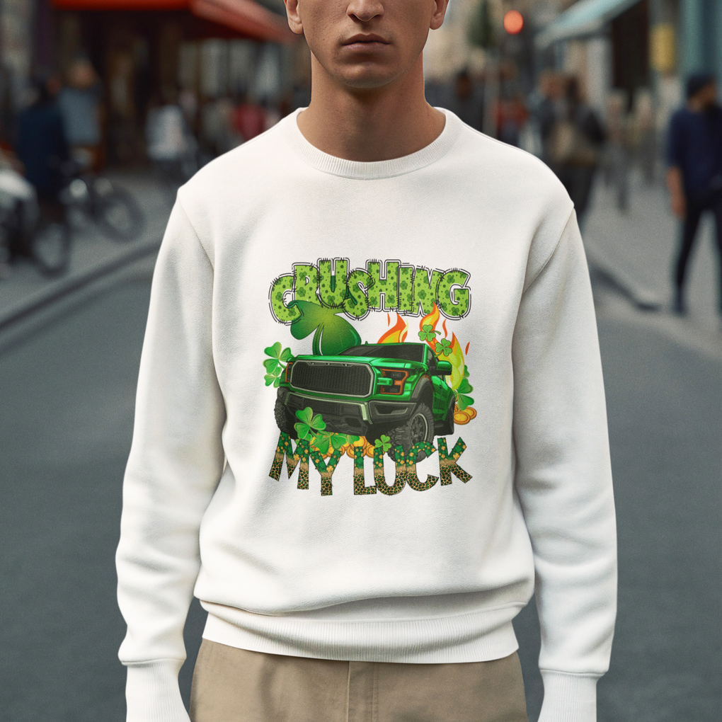 Funny St. Patricks Day Sweatshirt Crushing My Luck Truck of Shamrocks TS02 Printyourwear