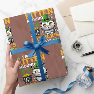 Cute Cat Leperchaun Wrapping Paper Roll Im Not Kitten Around Catrick's Day St Patricks TS02 Mocha Print Your Wear