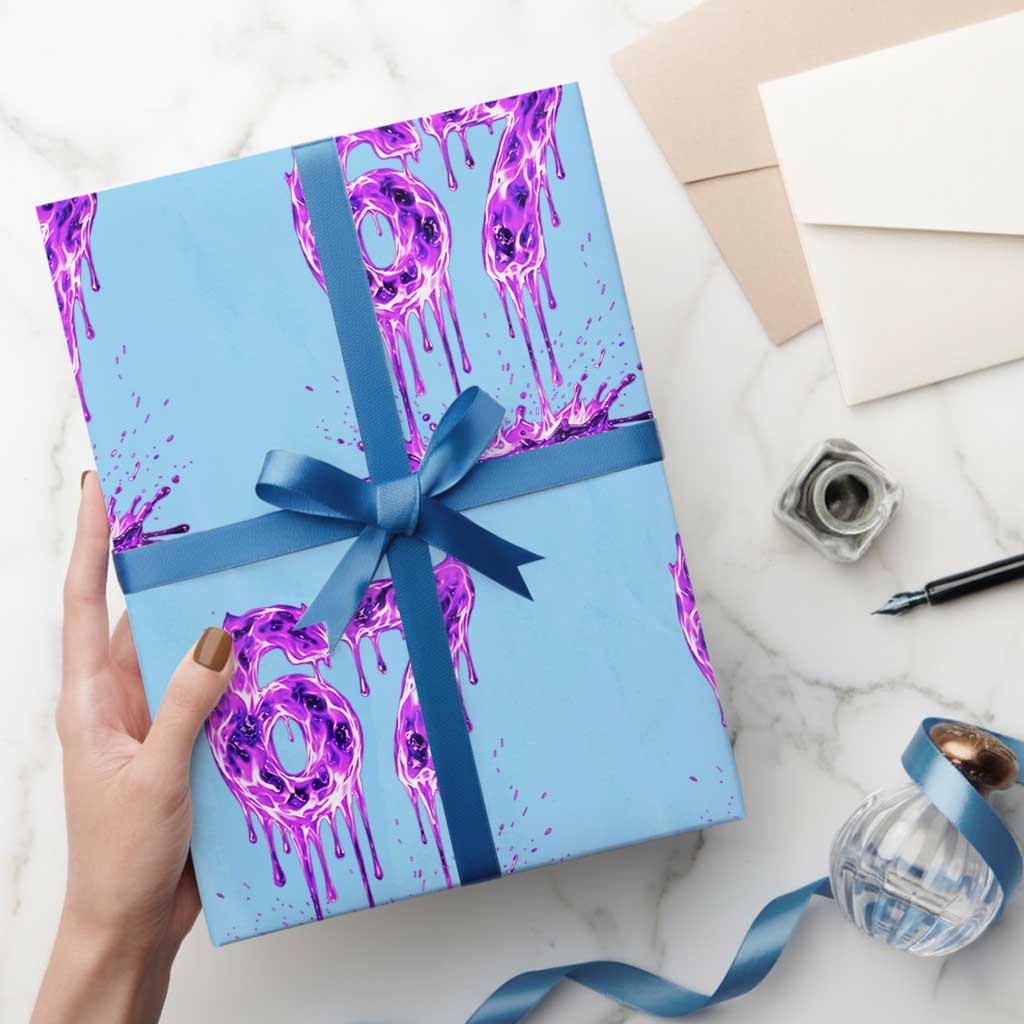 Drip Fire Flame Six Seven Wrapping Paper Roll Trendy Meme Gift TS12 Light Blue Print Your Wear