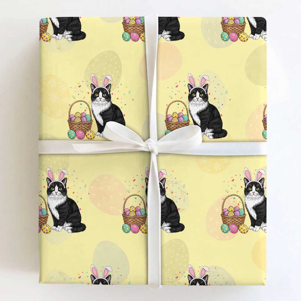 Easter Day Cat Bunny Ears Eggs Graphic Wrapping Paper Roll TS02 Light Yellow Print Your Wear