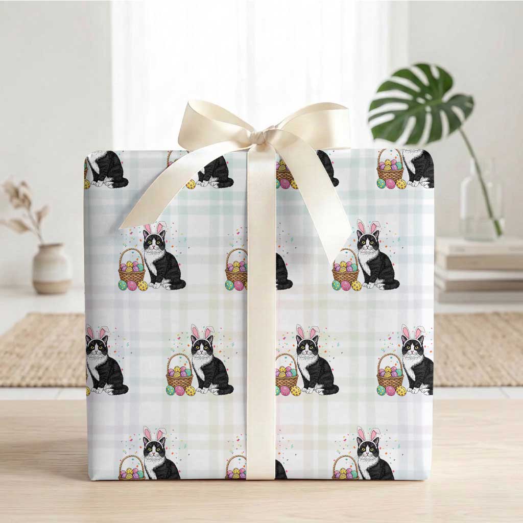 Easter Day Cat Bunny Ears Eggs Graphic Wrapping Paper Roll TS02 White Plaid Print Your Wear