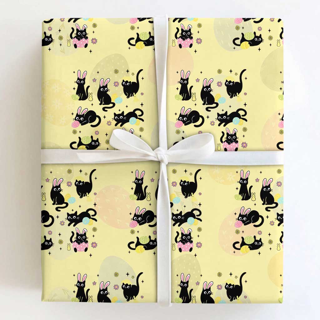 Funny Black Cat With Bunny Eggs Easter Day Wrapping Paper Roll TS11 Light Yellow Print Your Wear