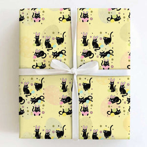 Funny Black Cat With Bunny Eggs Easter Day Wrapping Paper Roll TS11 Light Yellow Print Your Wear